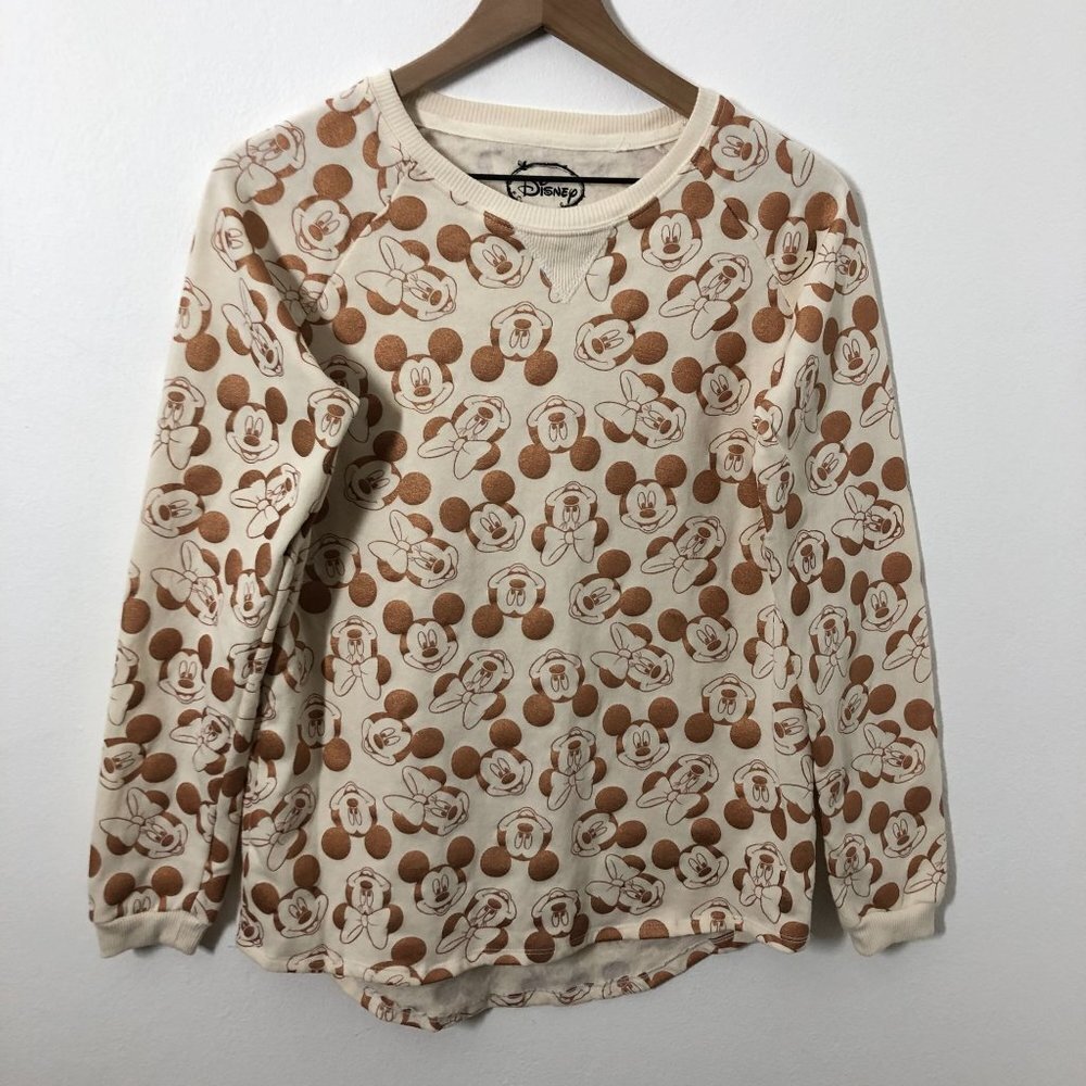 Disney Minnie & Mickey Sweater Junior Large Ivory Gold All Over Graphic Print